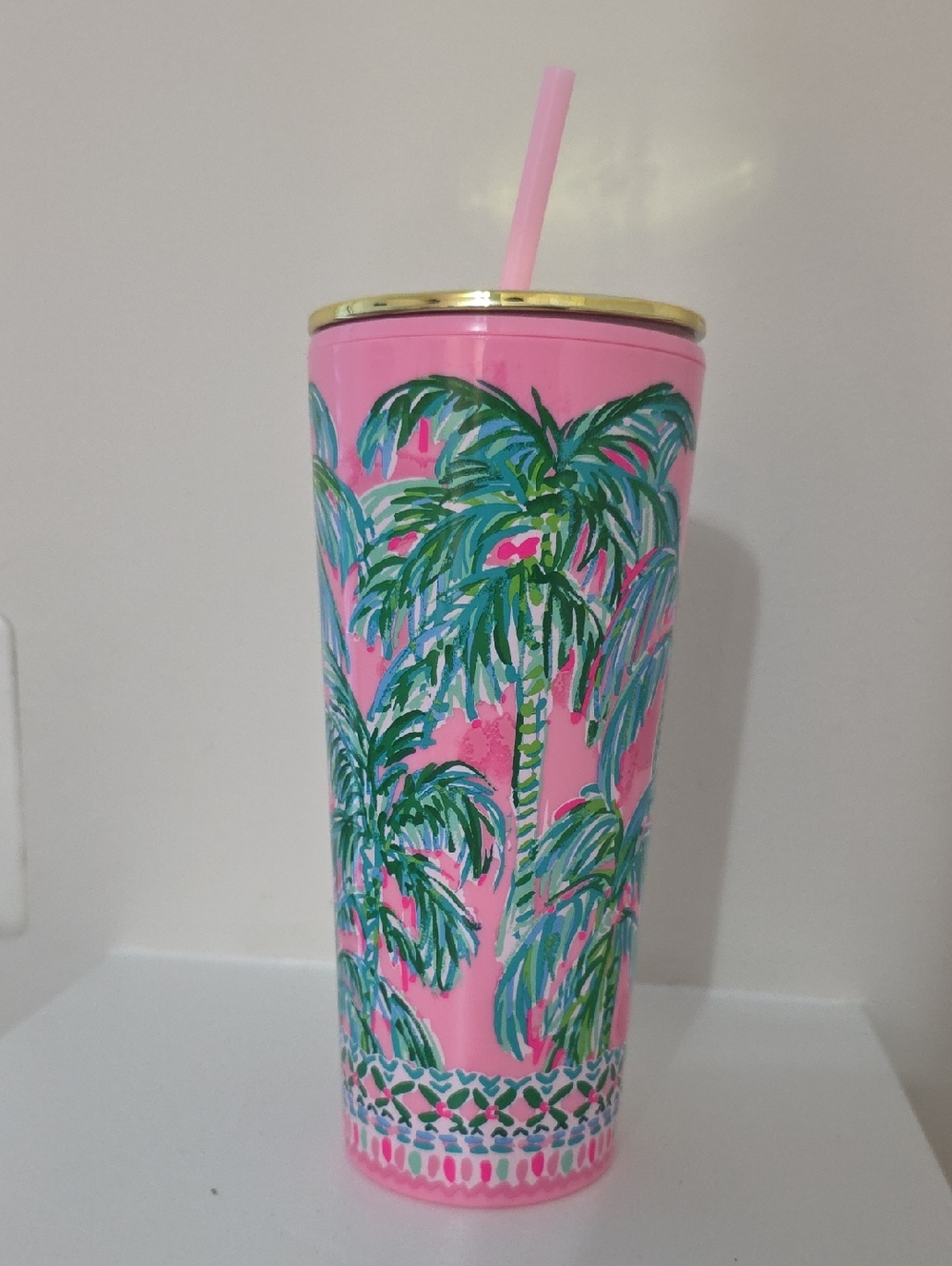 Lilly Pulitzer Pink Tropical Palm Stainless Steel Tumbler with Straw
